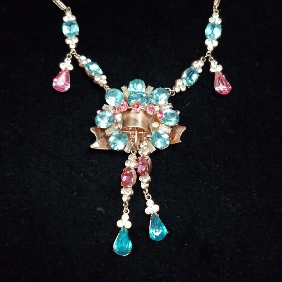 Vintage 1920s Art Deco Couture Rose Gold Aquamarine Crystal Fringe Necklace - Picture 6 of 12